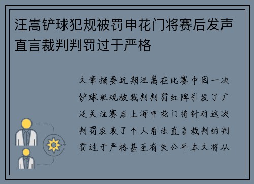 汪嵩铲球犯规被罚申花门将赛后发声直言裁判判罚过于严格