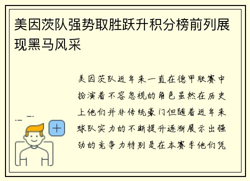 美因茨队强势取胜跃升积分榜前列展现黑马风采