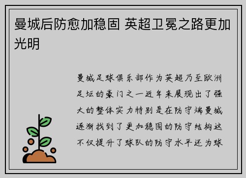曼城后防愈加稳固 英超卫冕之路更加光明