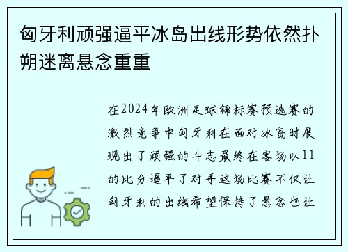 匈牙利顽强逼平冰岛出线形势依然扑朔迷离悬念重重