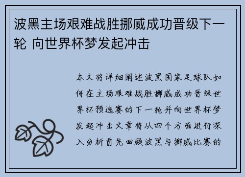 波黑主场艰难战胜挪威成功晋级下一轮 向世界杯梦发起冲击