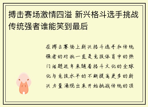 搏击赛场激情四溢 新兴格斗选手挑战传统强者谁能笑到最后