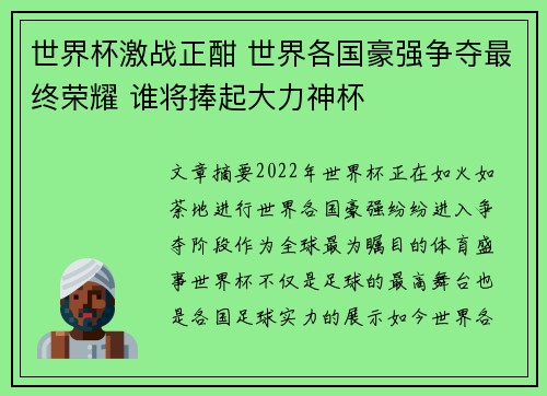 世界杯激战正酣 世界各国豪强争夺最终荣耀 谁将捧起大力神杯